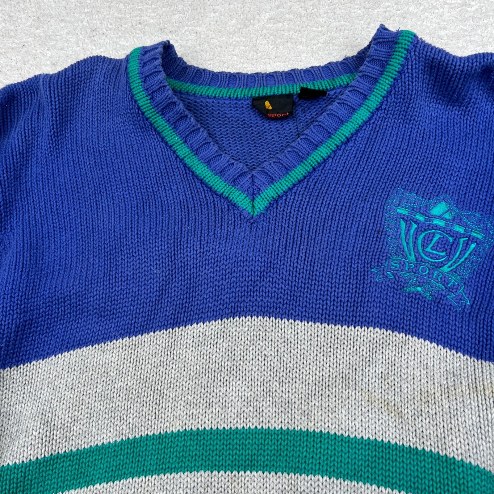 VTG LizSport Women Blue Striped V-Neck Cotton Knit Sweater Size S RN 52002