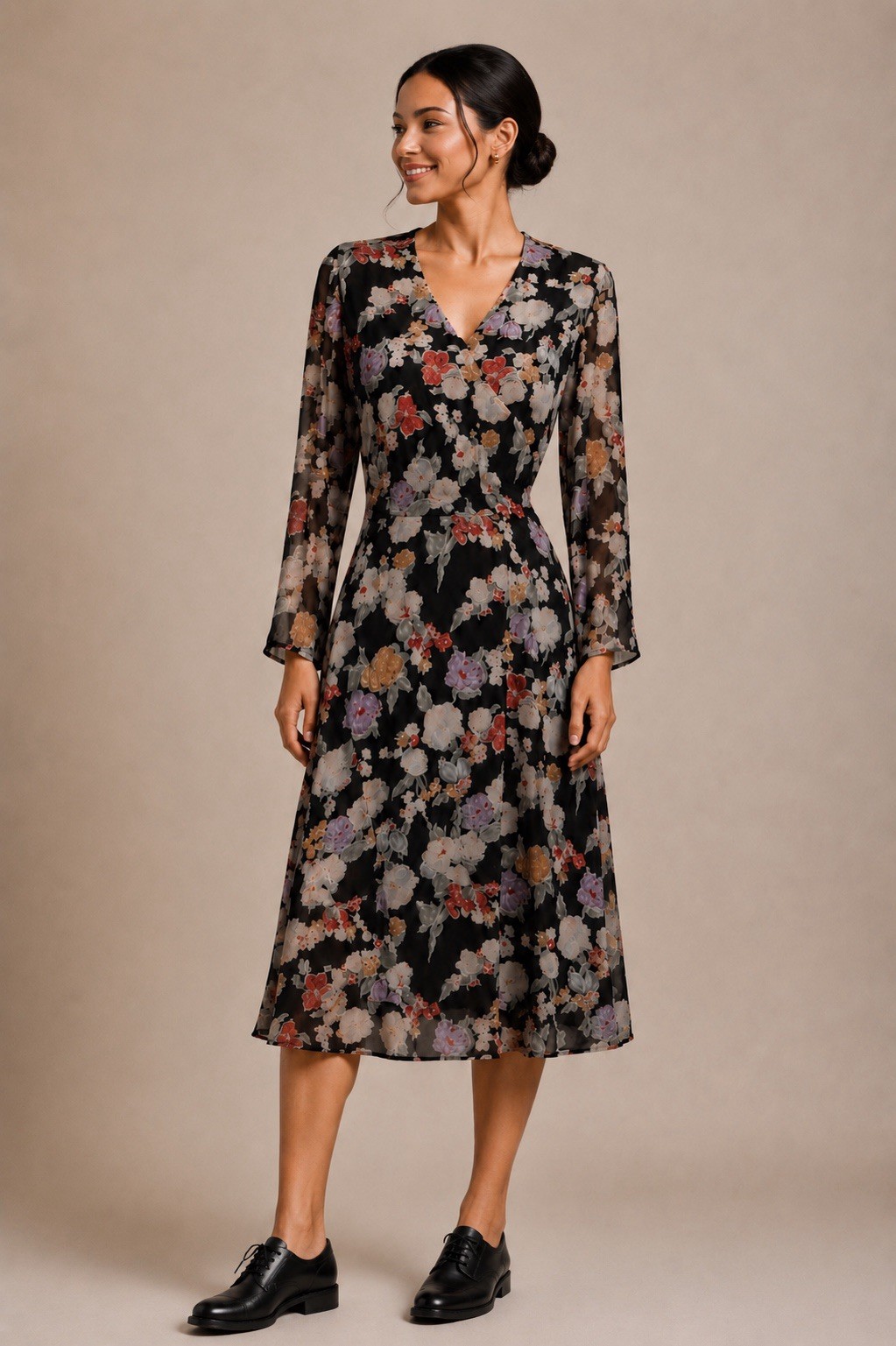 Giorgio ARMANI Le Collezioni Black Floral Faux Wrap Midi Dress Dark Romance Y2K