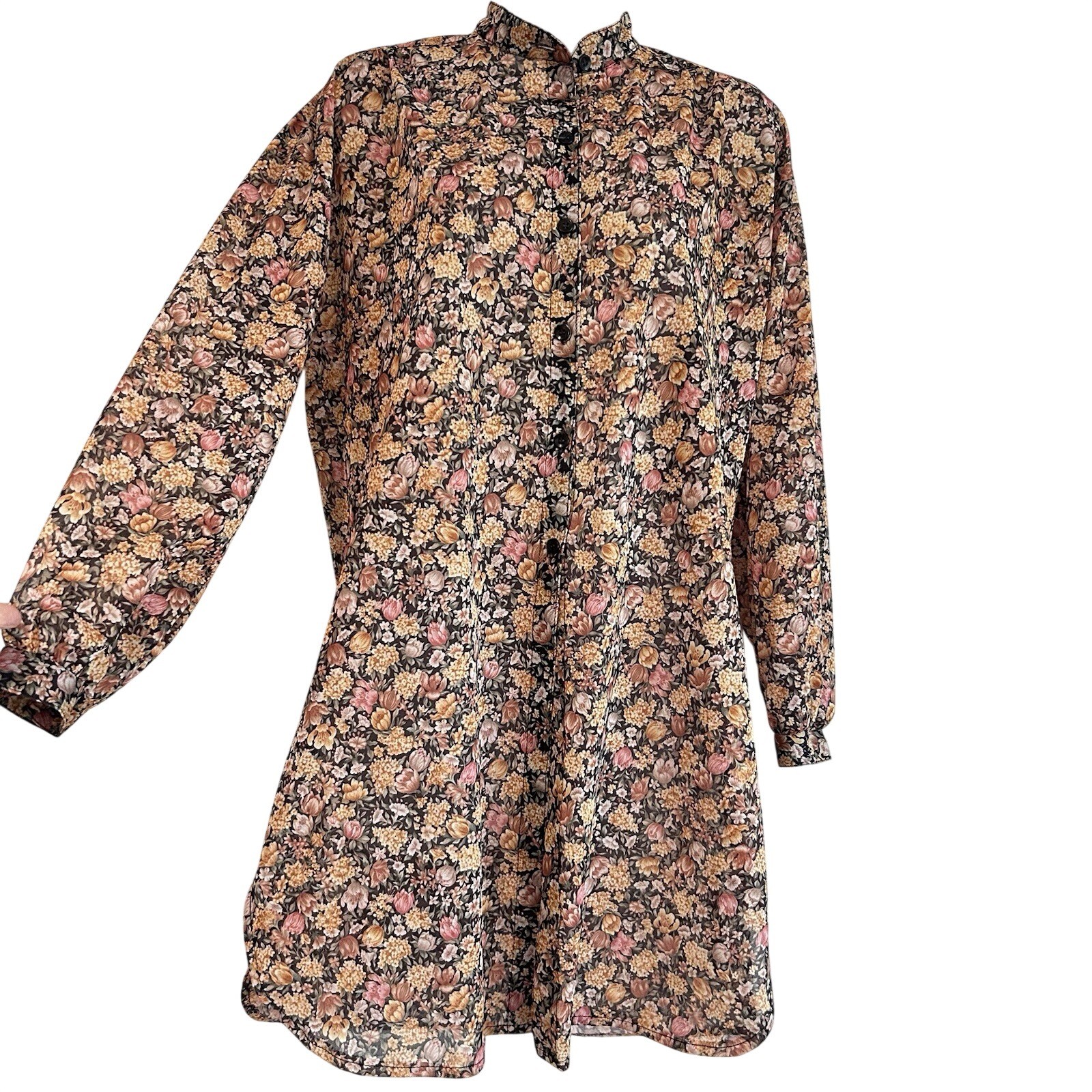 Vtg Made in USA 70s Jo-A-Lyn Flower Mini Shirt Dress Sz L Floral SheerTunic