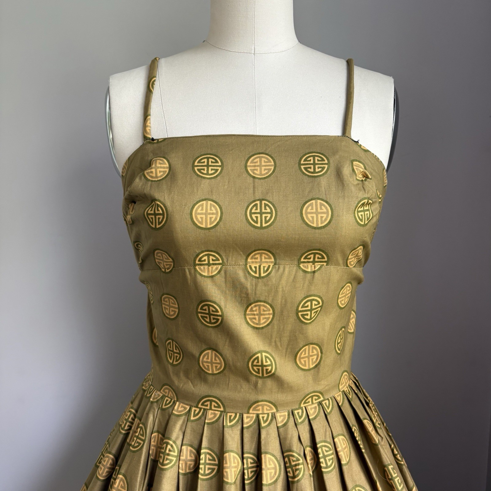 Vintage 1950’s Cotton Chinese Good Fortune Longevity Print Sun Dress Size XS