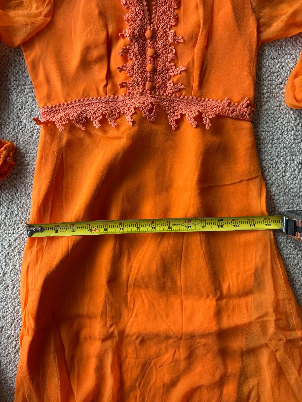 Vintage 70s Orange Boho Prairie Maxi Dress Lace Keyhole Festival S Chic Glam