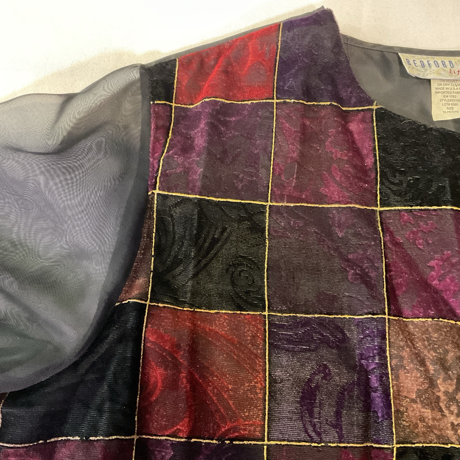Vtg 90’s Bedford Fair Multicolor Velvet Patchwork Blouse Sheer Sleeves Sz 16P