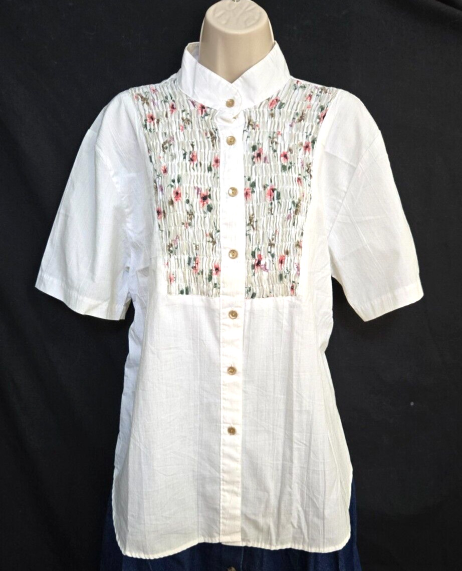 Vtg 80s Tap & Co Boho Hippie Button Blouse Stand Up Collar Floral Yoke L