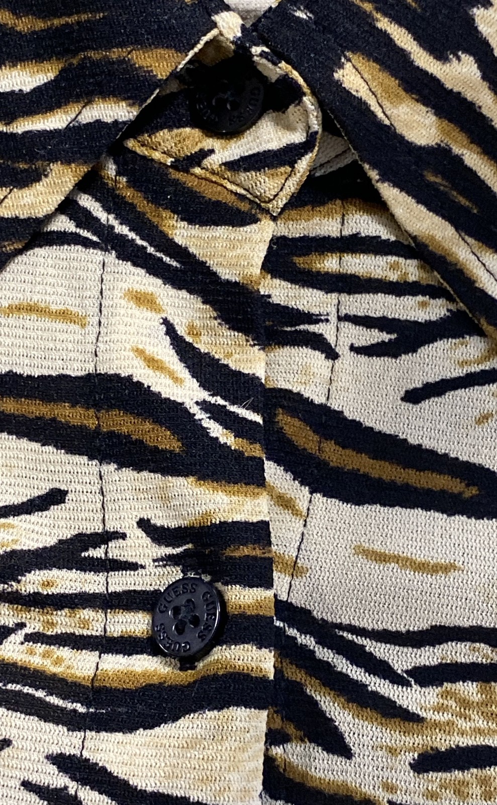 Vintage 90s Guess Jeans Women’s Tiger Print Nylon Blouse Tan Black Sz L