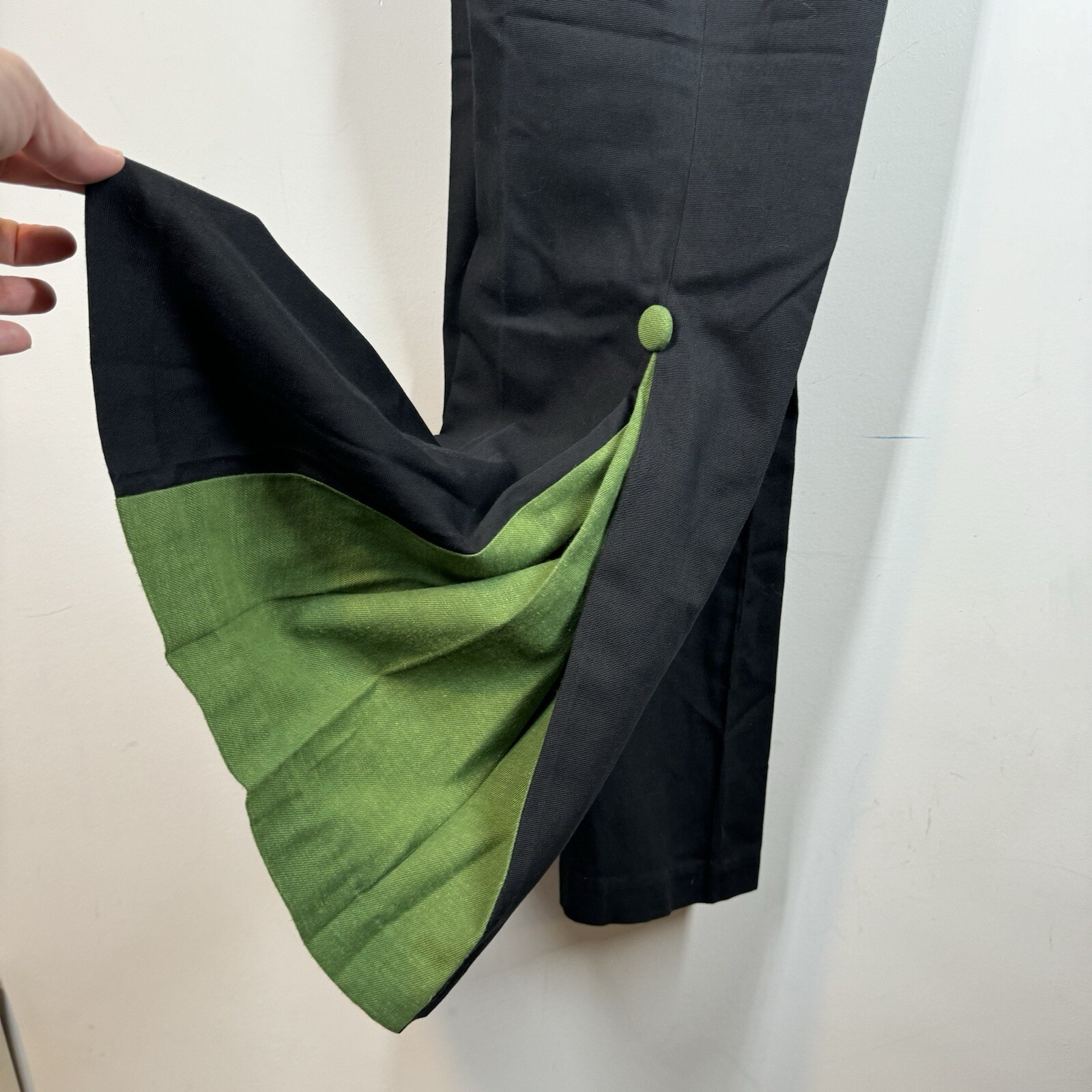 Vintage Homemade Green Pleated Black Bell Bottom Pants Cotton 24” Waist Sz XS/S