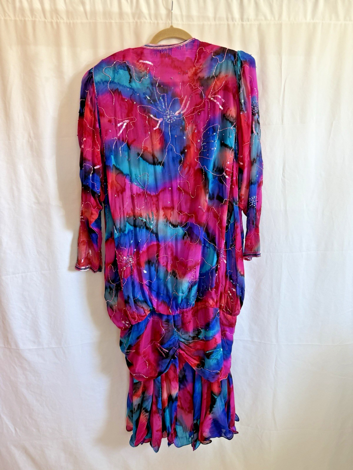 Vintage Judith Ann Creations Pink Purple Silk Beaded Dress – Size Large