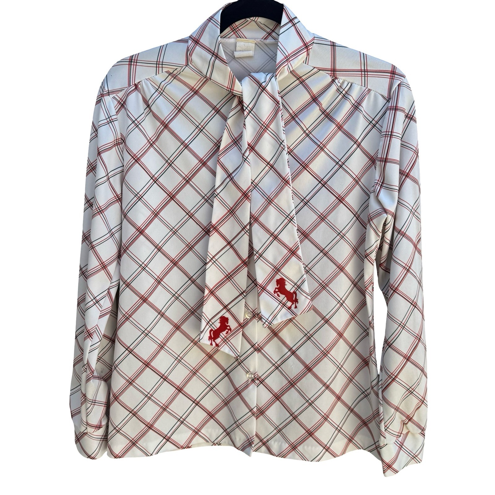 Vintage 70s Bow Tie Neck Blouse Plaid Equestrian Horse Print Americana Retro USA