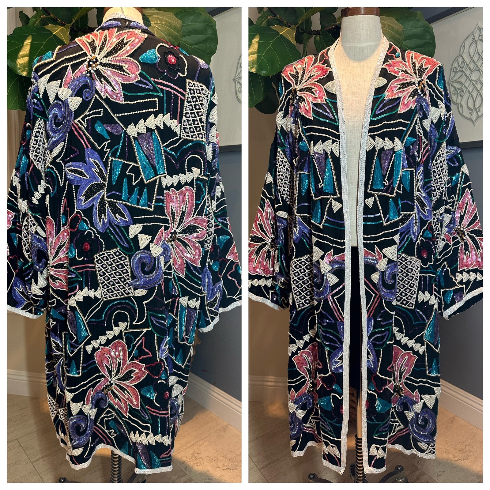 Rare VTG Judith Ann Plus Art To Wear Silk Hand Beaded Kimono Duster Jacket 16-18