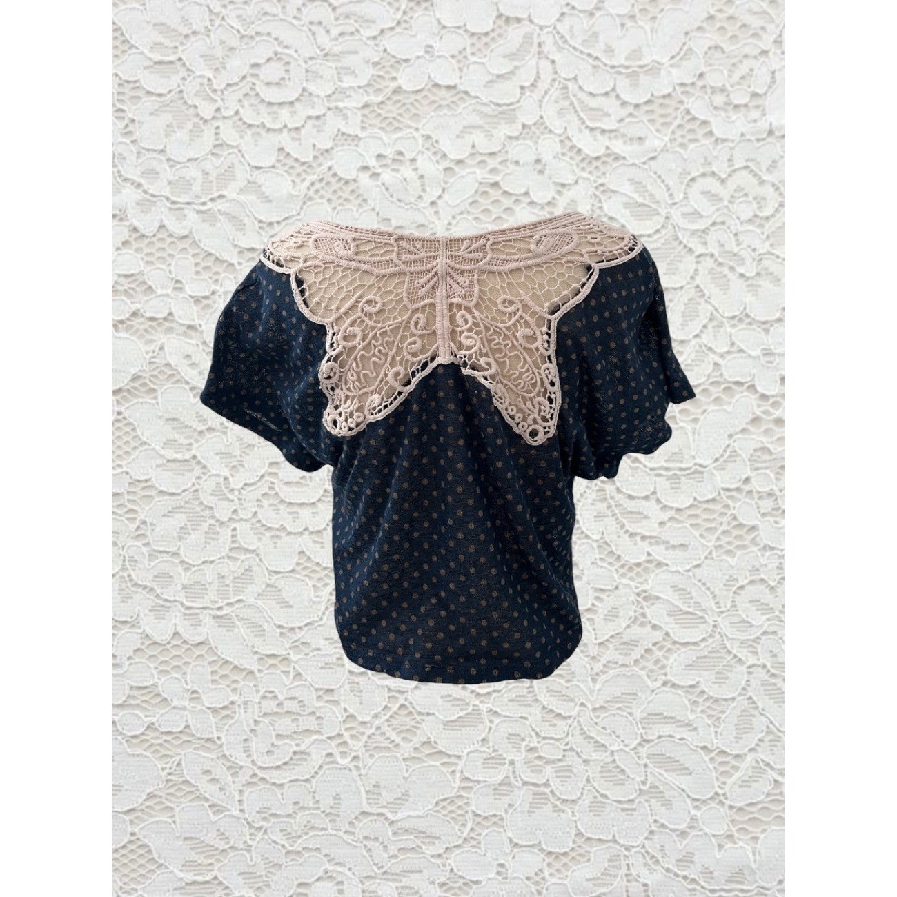 vintage papaya polka dot short sleeve top with butterfly crochet back