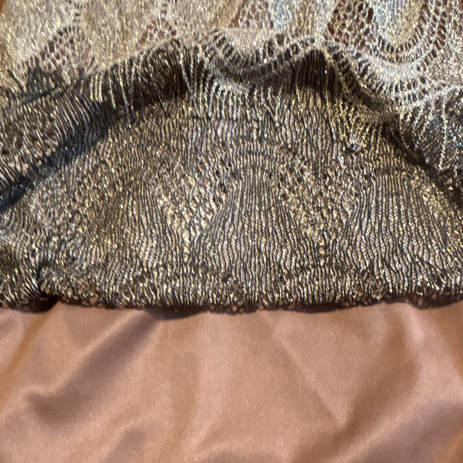 Vintage S. L. Fashions Gold Metallic Lace Shift Fringe Hem Knee Dress Size 6