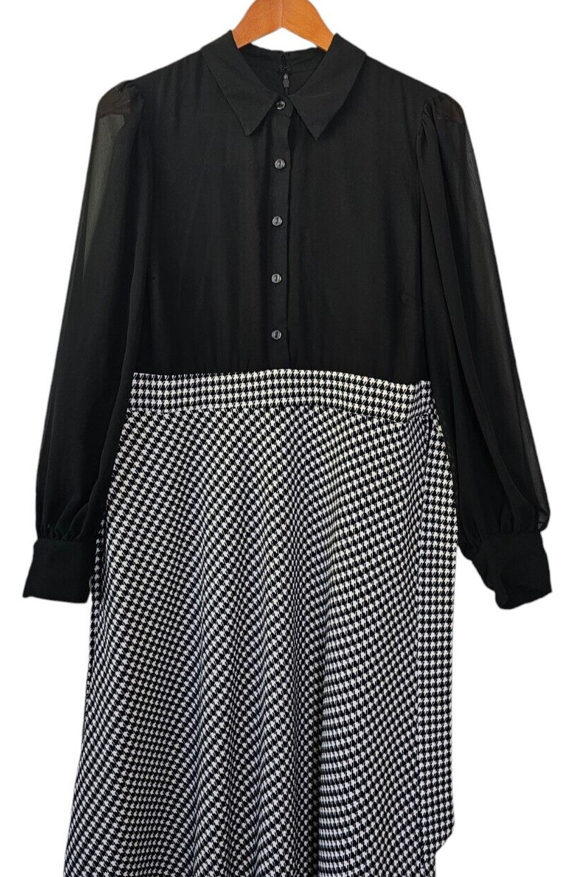 Vtg Shelby & Palmer Women’s Dress Black White Checker 90s Sheer Sleeves Sz 14