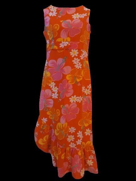Vintage 60s Hawaiian Psychedelic Orange Floral Tiki Oasis Ruffled Skirt Dress SM