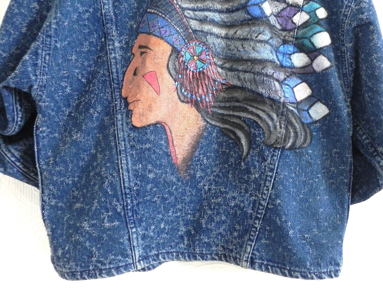 Levis One of a Kind Trucker Distressed Denim Native Chief Hand Painted Size L