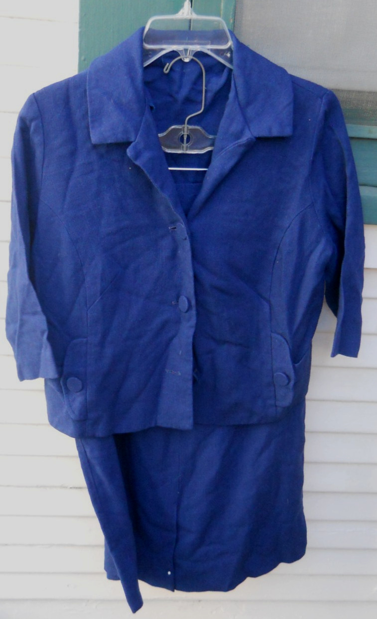 VINTAGE 60’S WOMEN’S 2PC BLUE LINEN JACKET & SKIRT SUIT SZ SM/MED NO LABEL