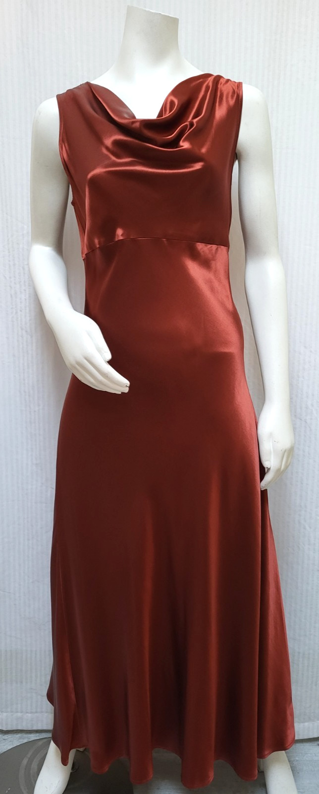 NWOT Vintage BONNIE STRAUSS Copper Brown Satin Bias Cut Draped Dress – Size M