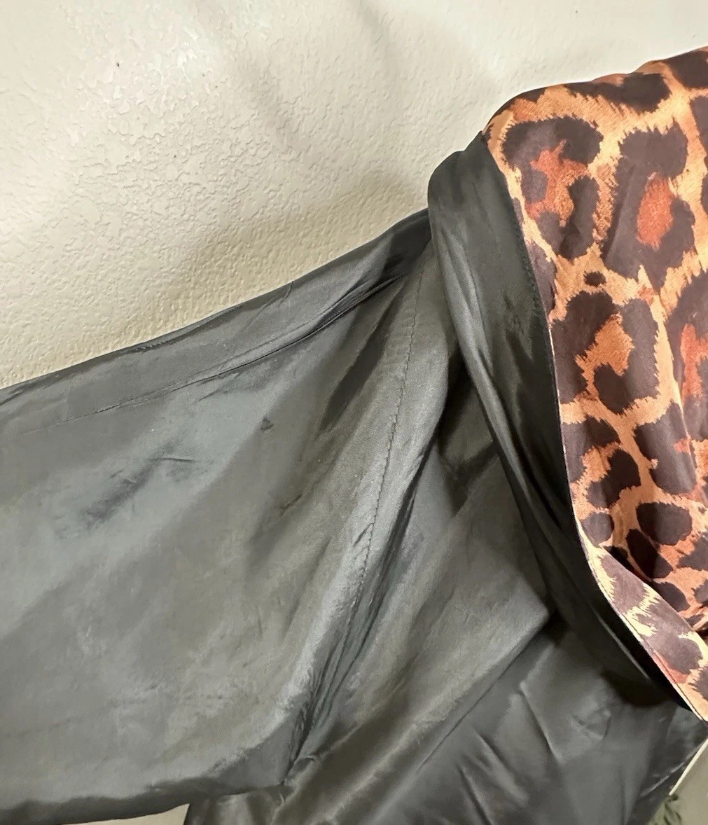 1950s Reversible Silk Satin Duster Coat Leopard Print Hooded Pockets