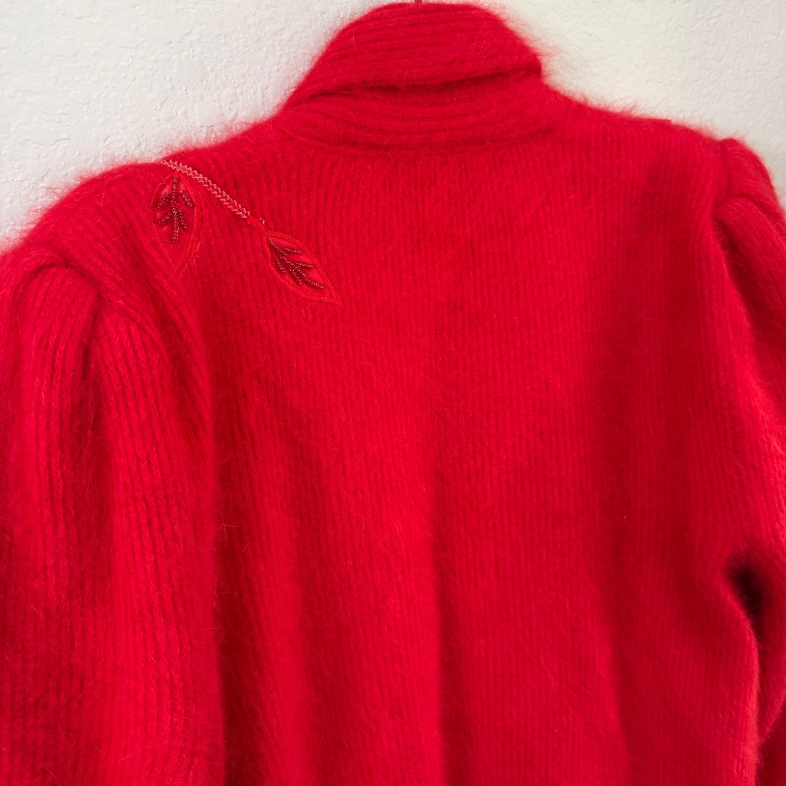 Vintage Red Fuzzy Knit Cardigan 3D Floral Beaded Rhinestone Lined Butter Soft