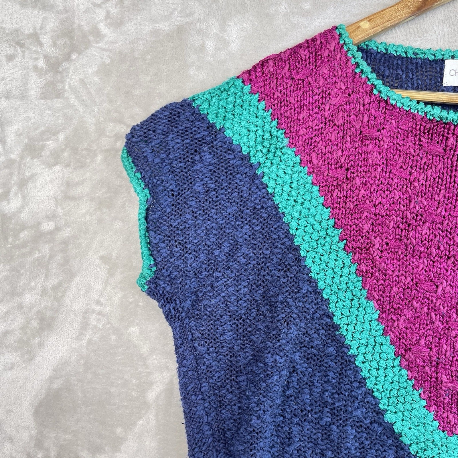 Vintage Chaus Womens Linen Cotton Knit Vest Sweater XL 80s Maximalism Colorblock