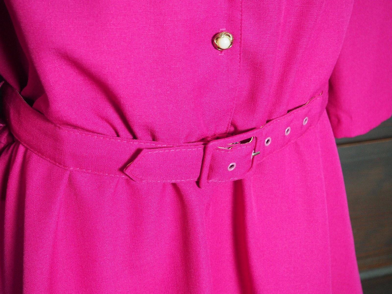VTG 80s Fuchsia Pink Button Belted Preppy Party Dress Shoulder Pads 3/4 Sleeve M