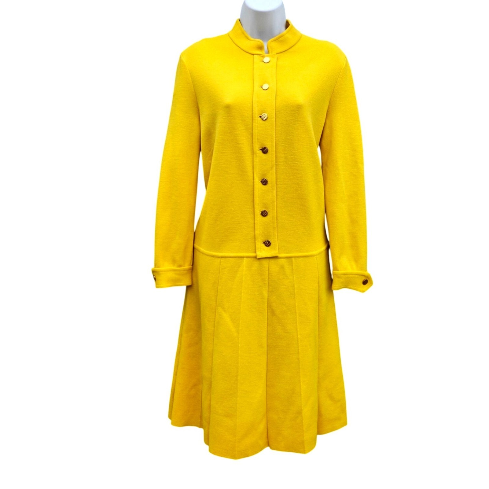 Mod Italian Designer Avagolf Yellow Wool Doubleknit Dress 60s 70s Moth Holes