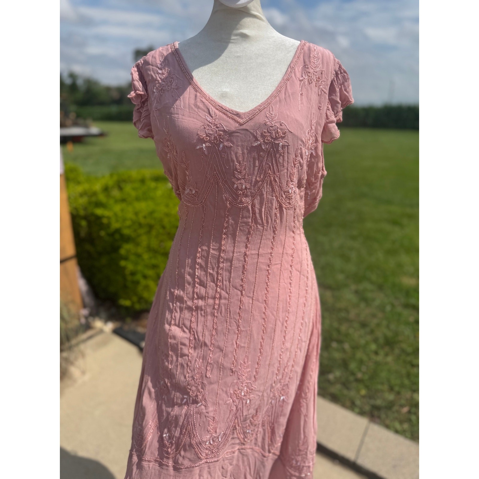 Vtg Y2K Papillon Dress L Pink Beaded Sequin Flutter Sleeve Midi Handkerchief