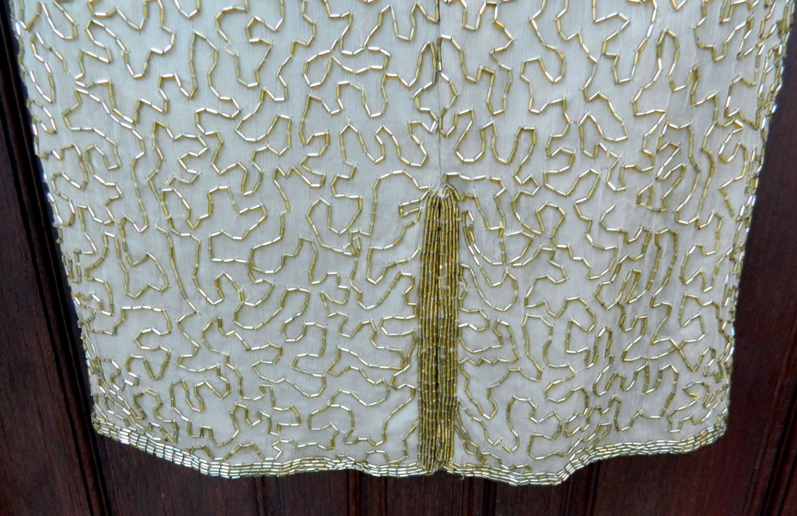 LAURENCE KAZAR VINTAGE DRESS GOLD SILK BEADED SZ Petite Large SHORT SLEEVE
