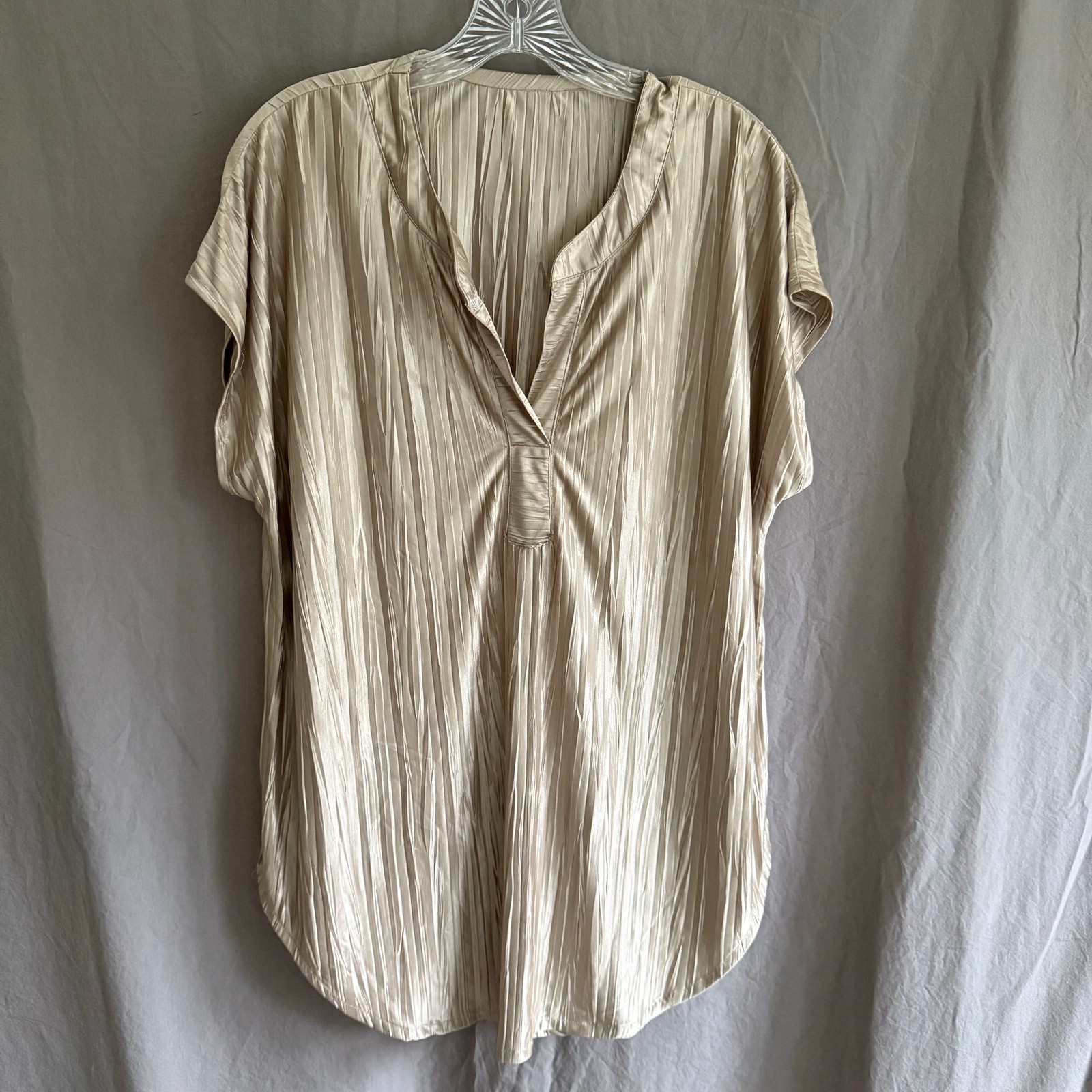 Vintage 80s Gold Crinkle Blouse Tunic Top Pleated Satin Minimalist L/XL No Tags
