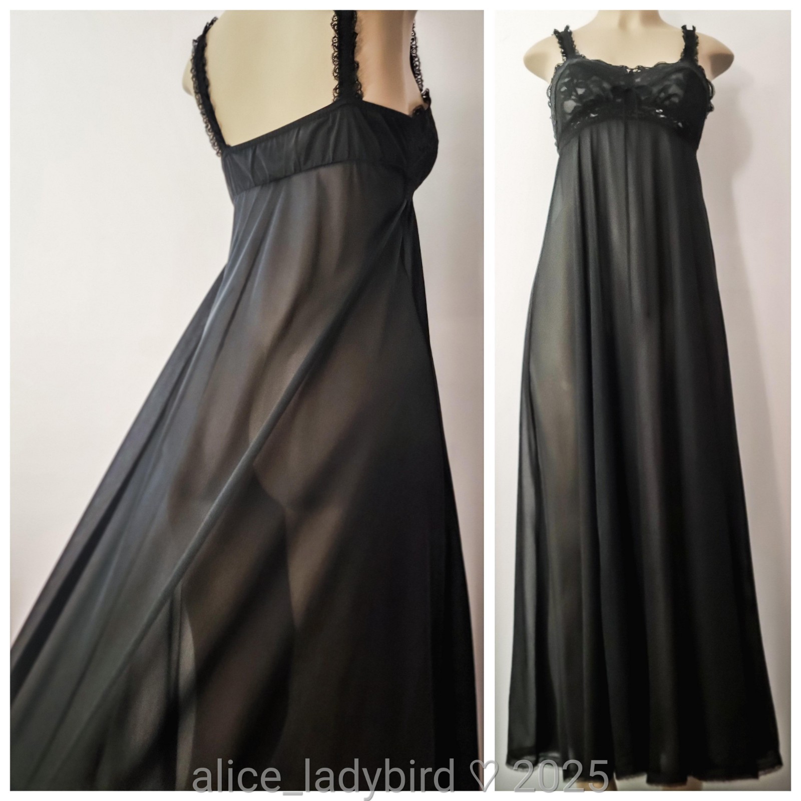 Vintage GOWN Silky Nylon SWEEP Long Lingerie Dress BRA Top Sheer Renaissance S/M