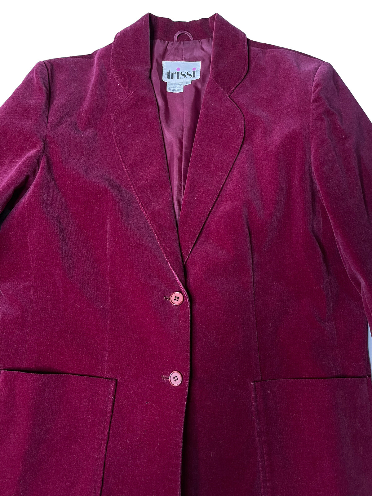 Vintage Trissi’s Woman Velvet Blazer Size 16 Burgundy Wine Shoulder Pads Bust 39
