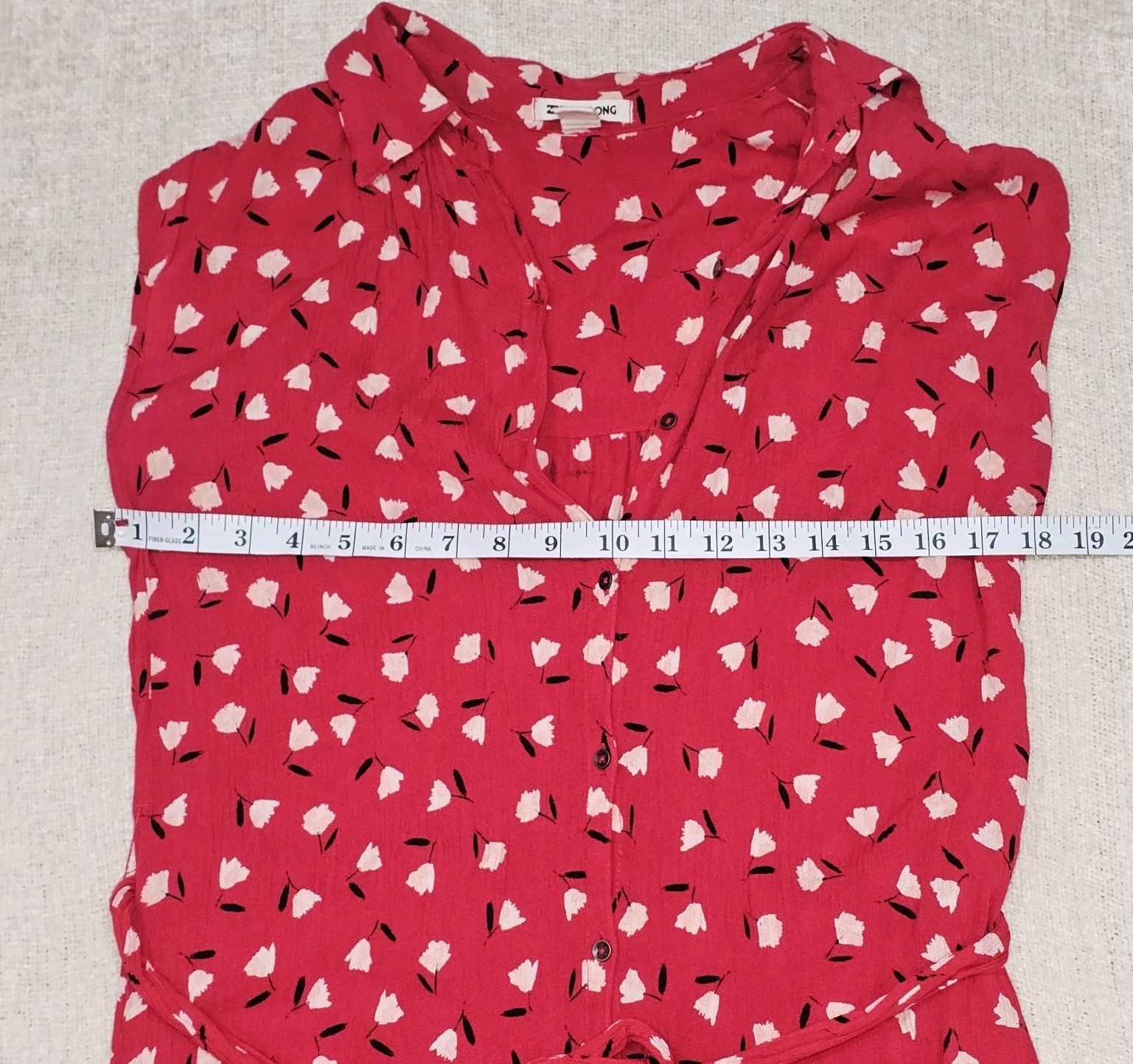 VTG Billabong Medium Full Front Button & Tie Maxi Length Red Floral Dress