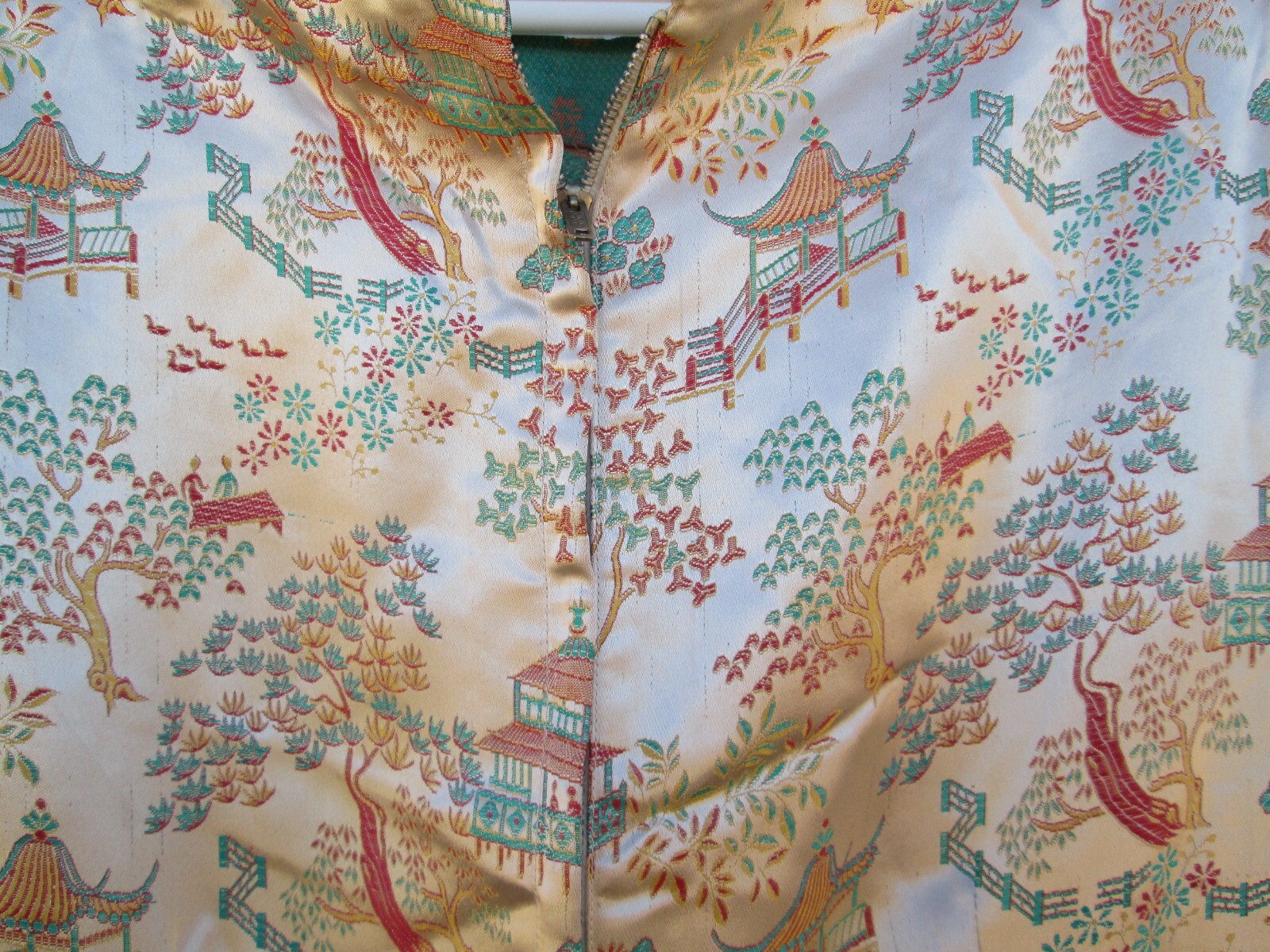 Asian Silky Cocktail Dress Peach Red Yellow Turquoise Blue Landscape Vintage