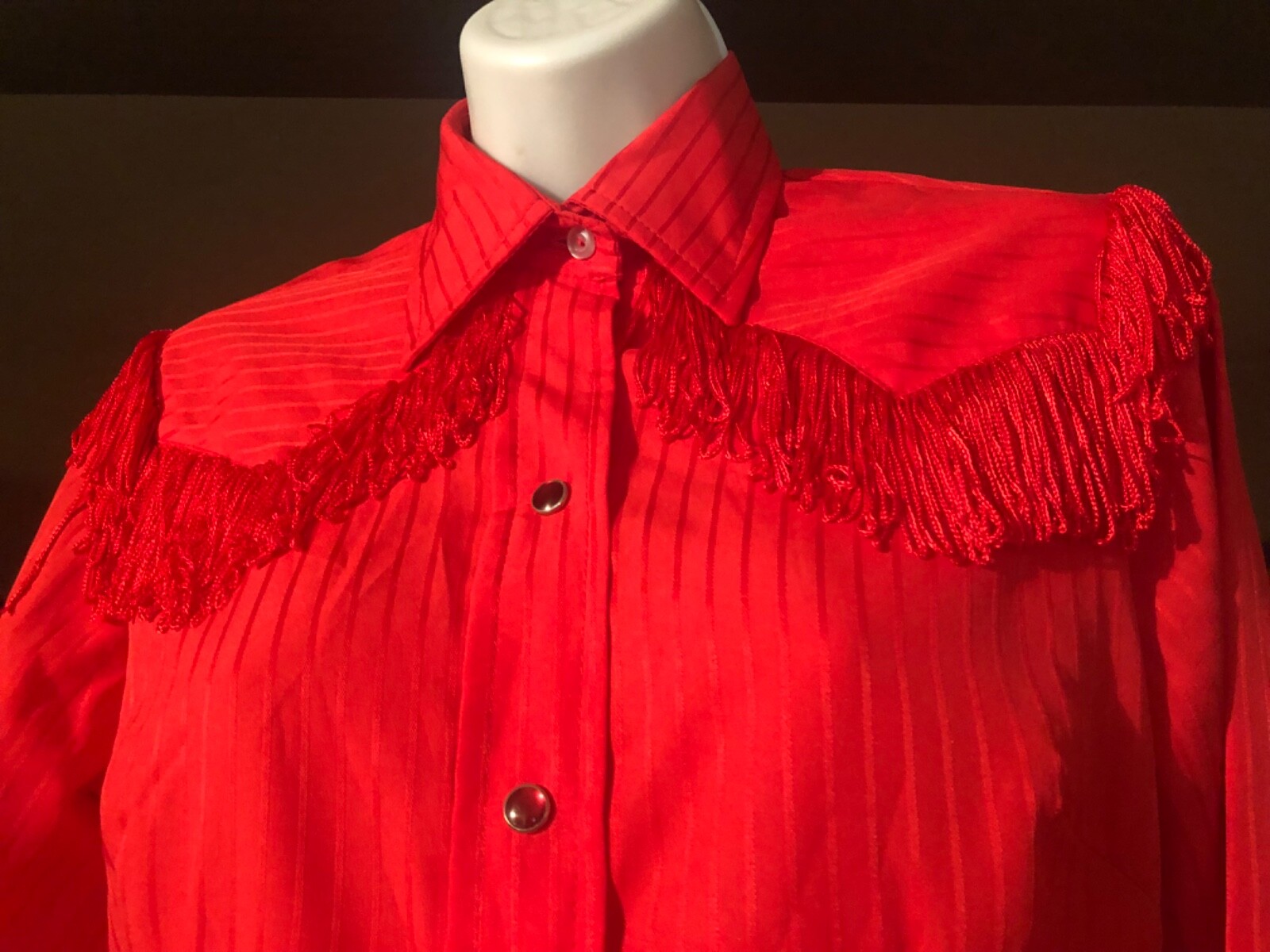 Vintage 1980s H Bar C California Ranchwear red fringed cowgirl shirt S