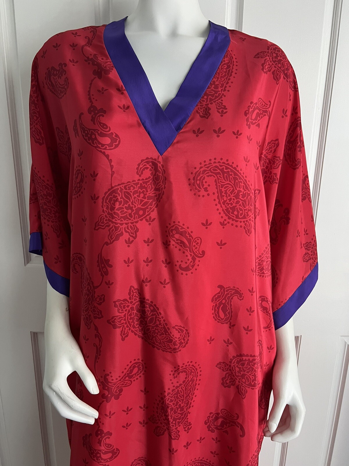 Vintage 1980s Oscar de la Renta Red Purple Silk Paisley Kaftan Lounge Dress O/S