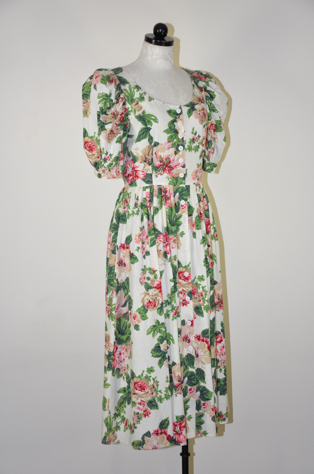 80s Vintage Pink Green Hibiscus Floral Puff Sleeve Romantic Midi Dress Women M L