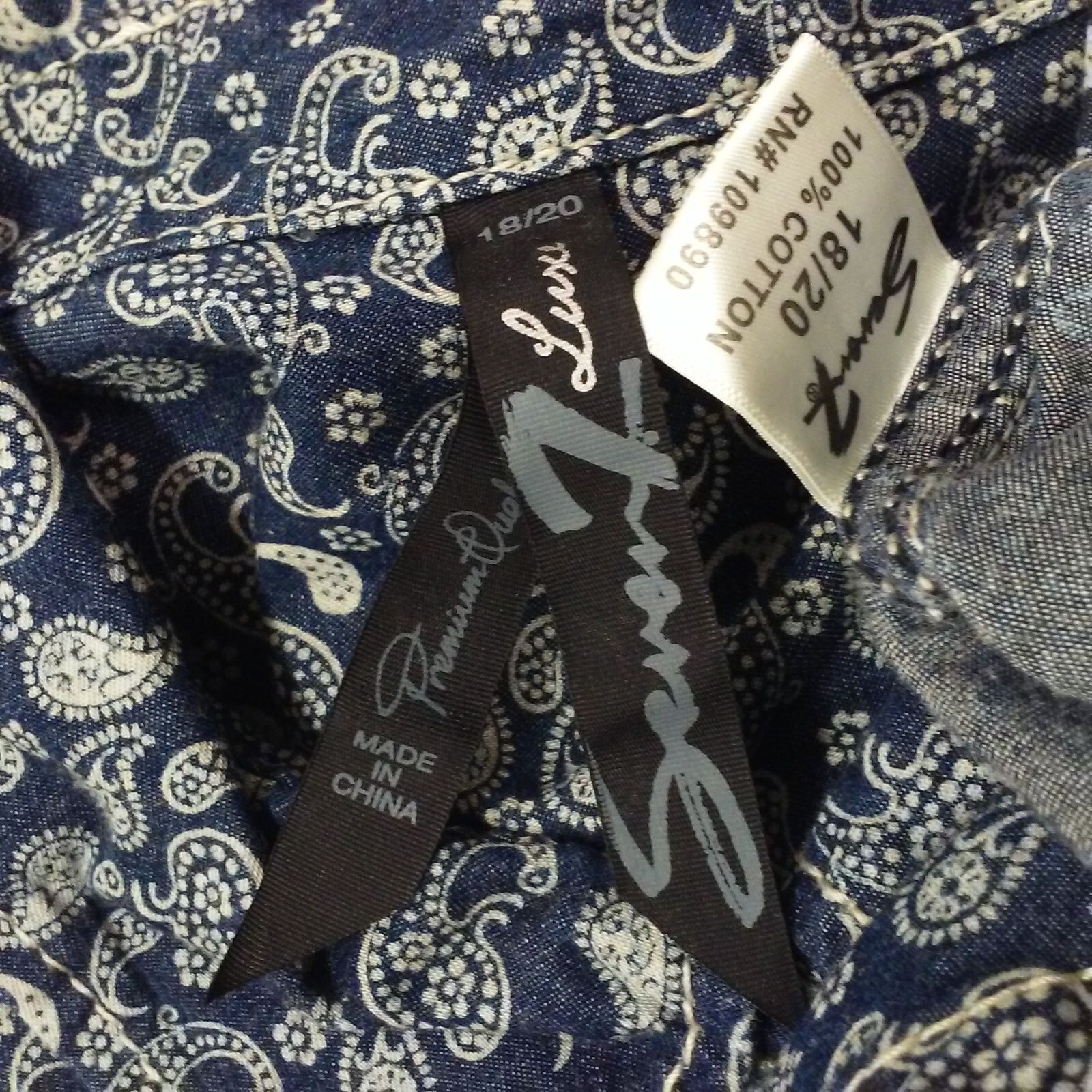 Seven7 Luxe Top Shirt Plus(18/20) Paisley Chambray Cotton Pockets Button-up Navy