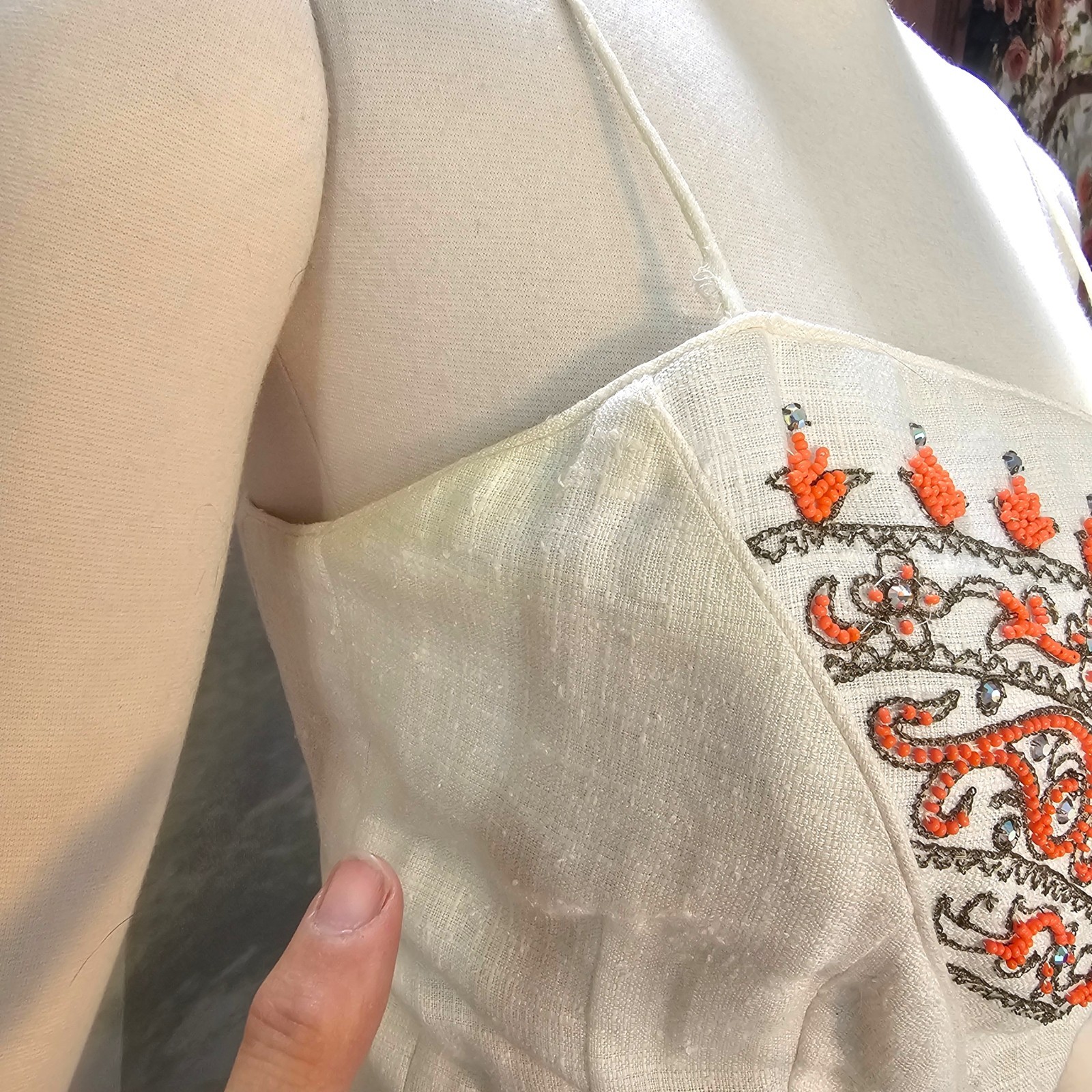 Vintage 1960’s Dress Shift Mod Cream Orange Beads and Rhinestone Embroidered