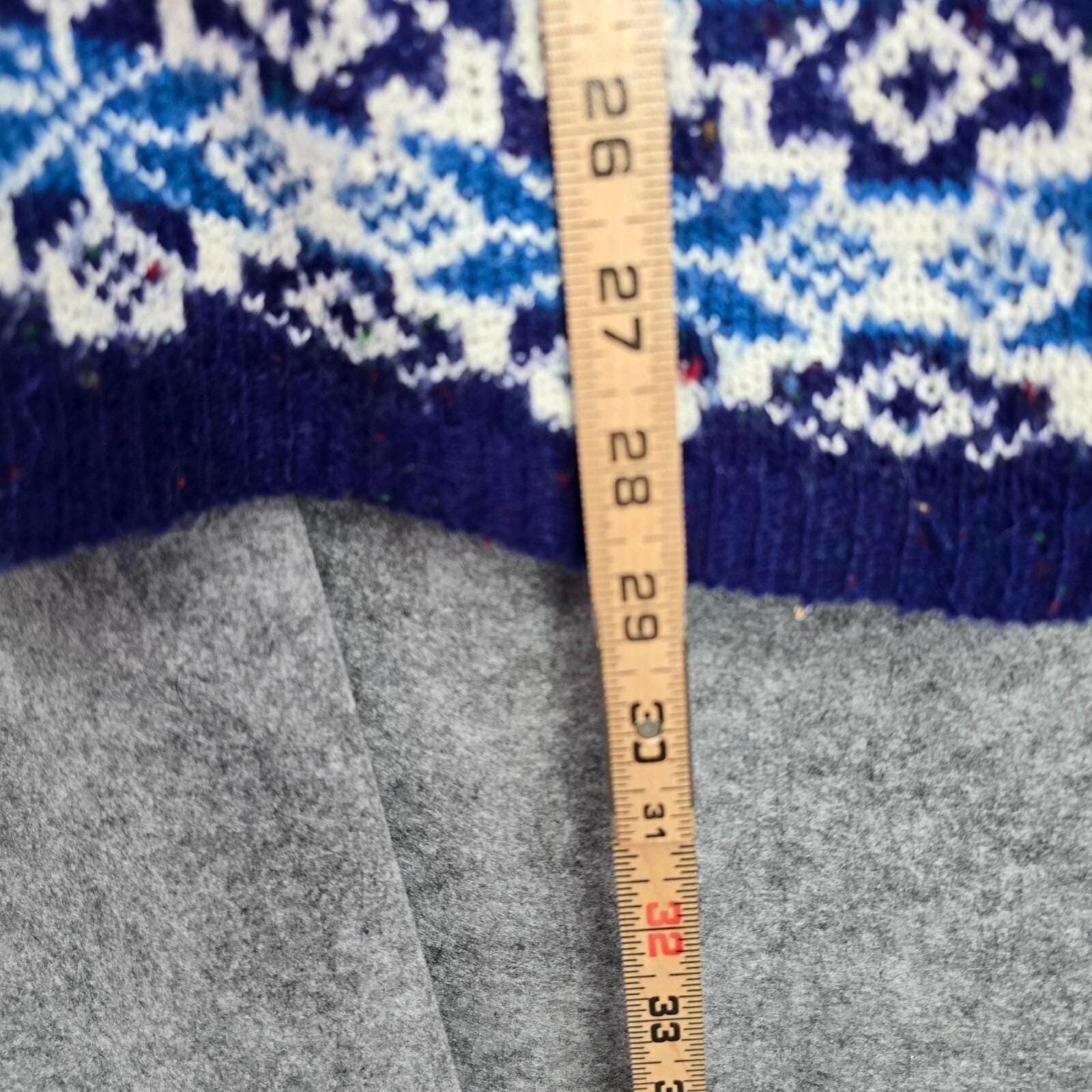 Vintage Beldoch Popper Blue Fair Isle Snowflake Wool Blend Cardigan Sweater L
