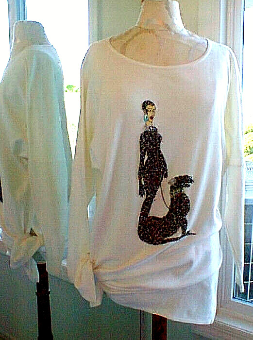 VTG Molto Fino Long Sleeve Cotton Tunic Top Beads Jewels Girl w/ Dog Sz M Plus