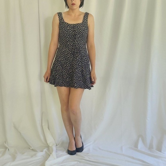 90s Blue and Green Floral Rayon Mini Dress