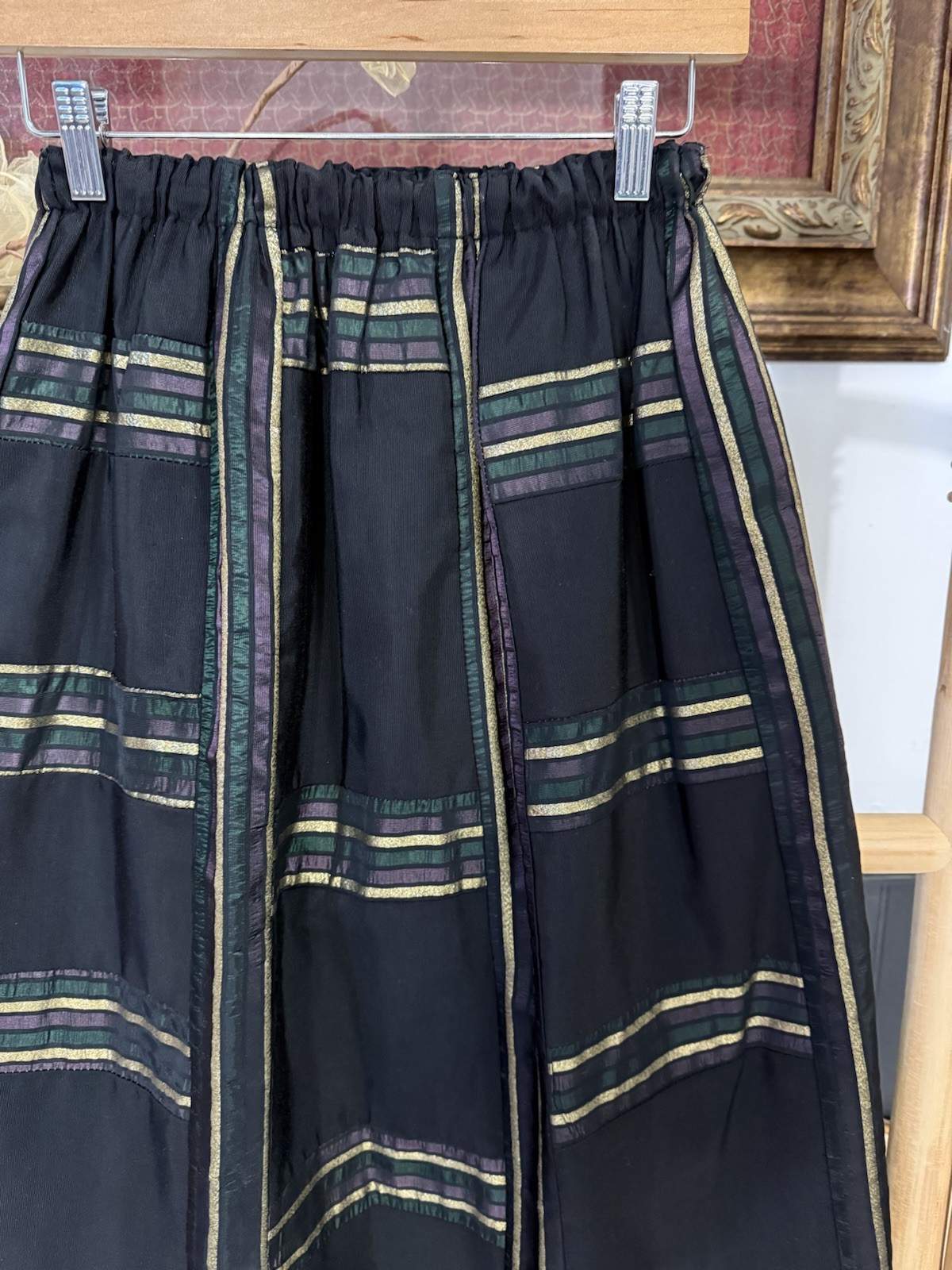 Vintage Mr Hank Black and Gold Plaid Elastic Waist Maxi Skirt Sz Small 💚🍄