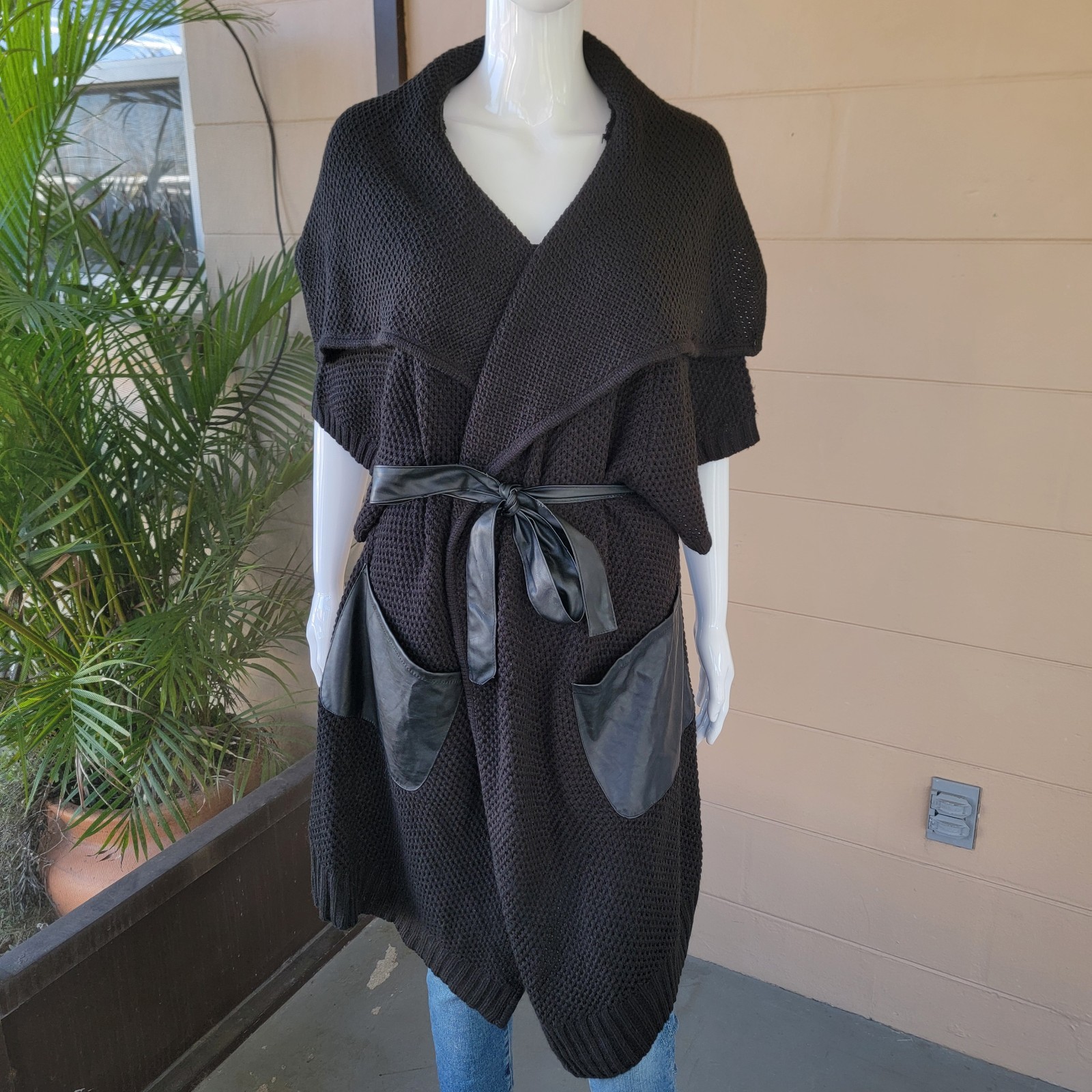 Y2K Gothic Black Knit Cardigan Loose Sweater Women Size L Wrap New York Company