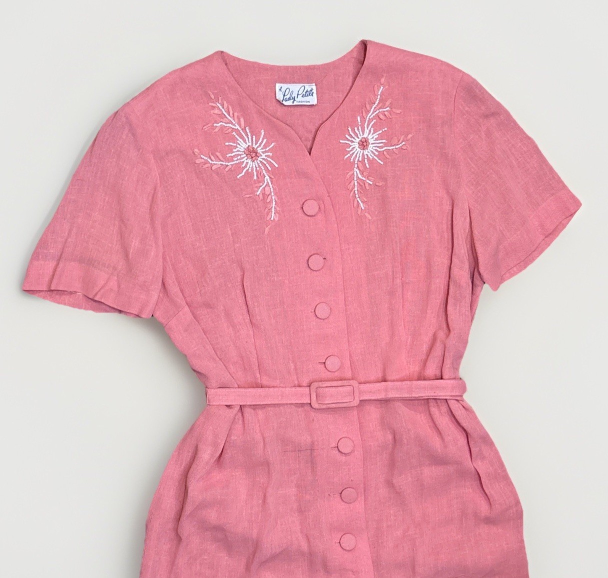 Vtg 1960s Pink Linen Rayon Dress Hand Beaded Embroidered Lady Petite 18 1/2