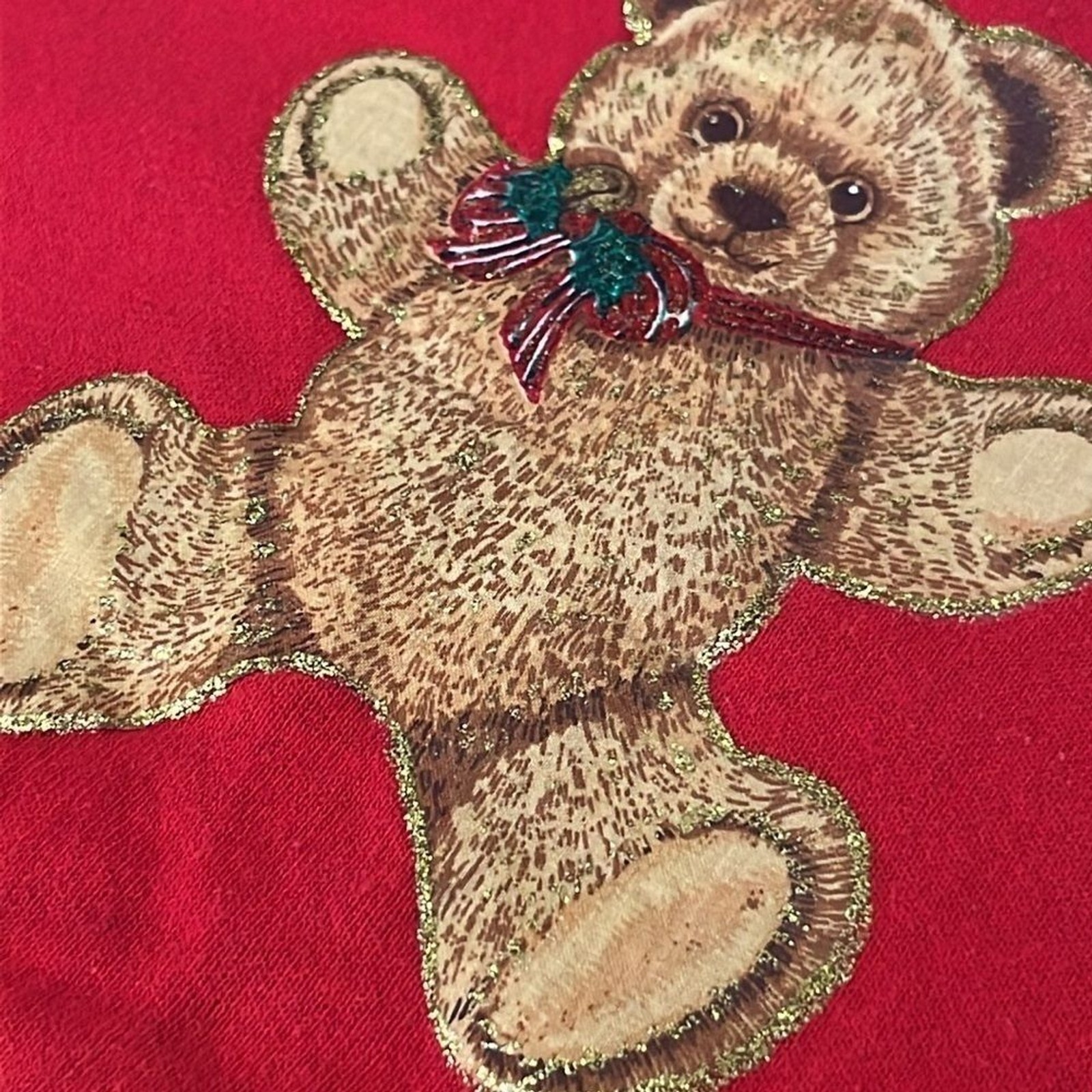 90s Vintage Made in USA Red Hanes Sweatshirt with Sparkle Puff Paint Bear