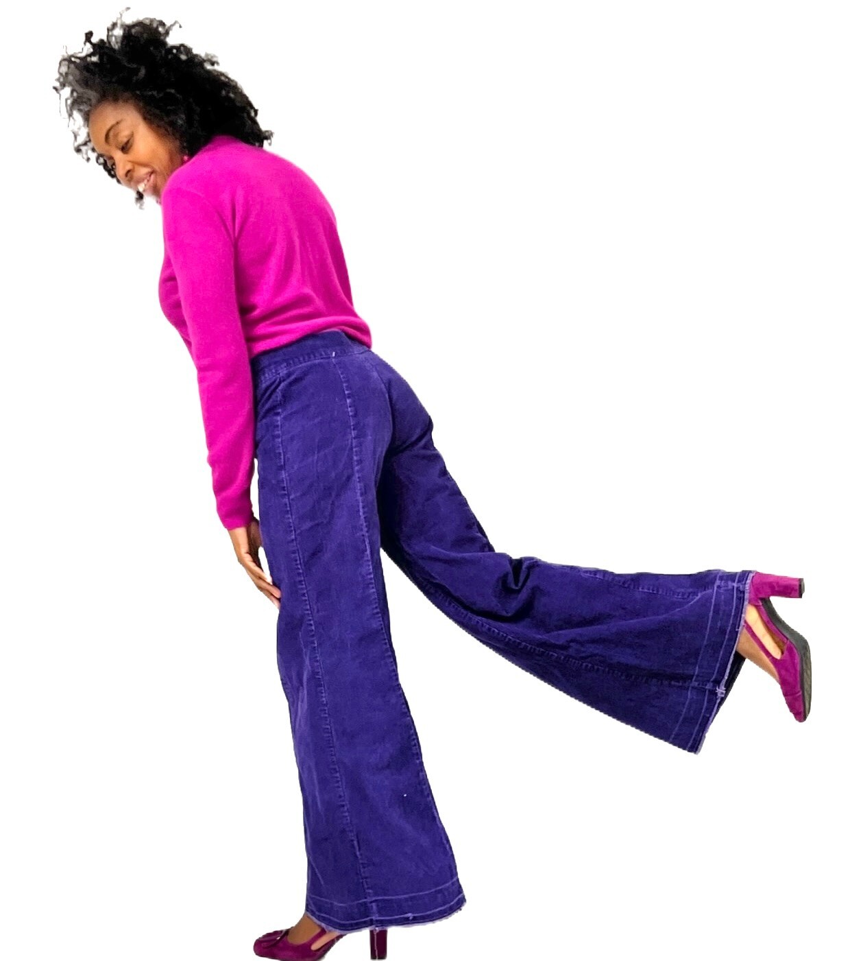 VTG 70s Purple Corduroy Bell Bottom Pants Wide Leg Low Rise Hip Hugger 28×31 XS