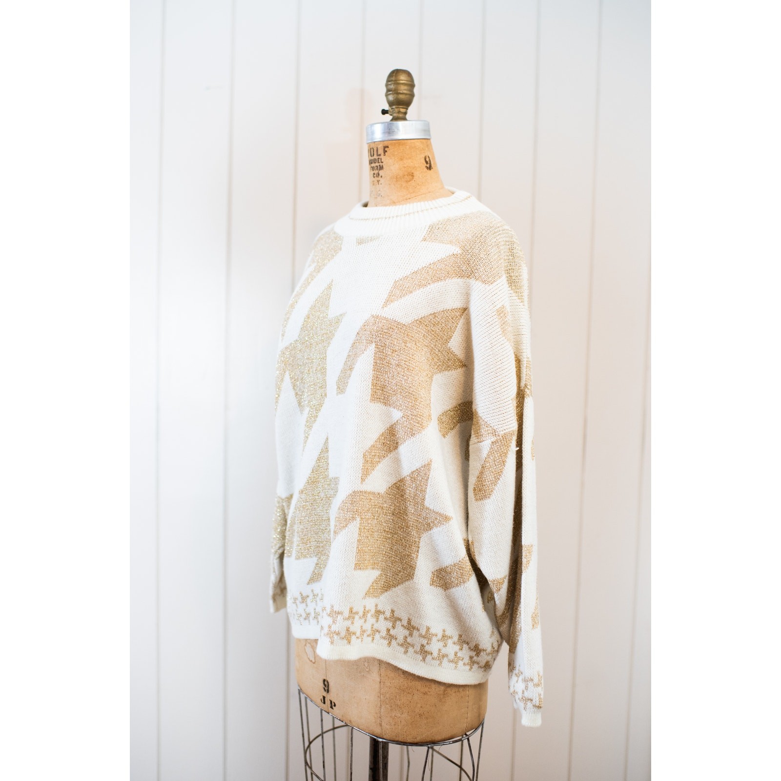 Vintage 80s Abstract Origami Sweater Cream Gold Metallic Artsy Neutral Knit, Lg
