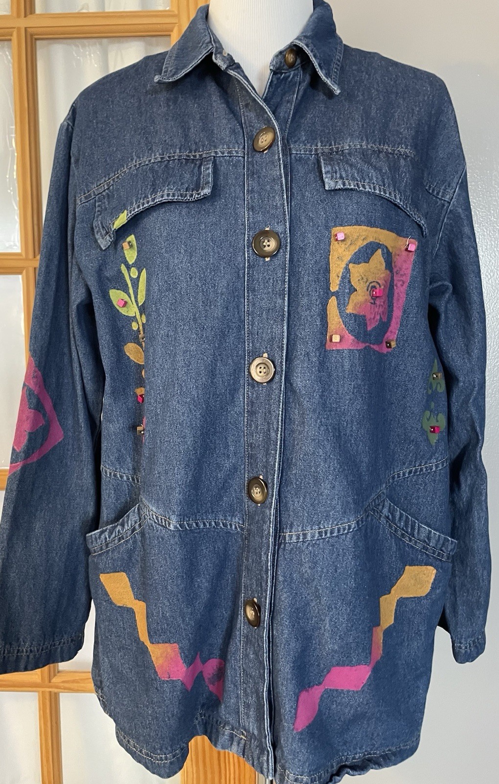 70s Saint Germain Chore Jacket Womens Sz M Blue Wearable Art Floral Country USA
