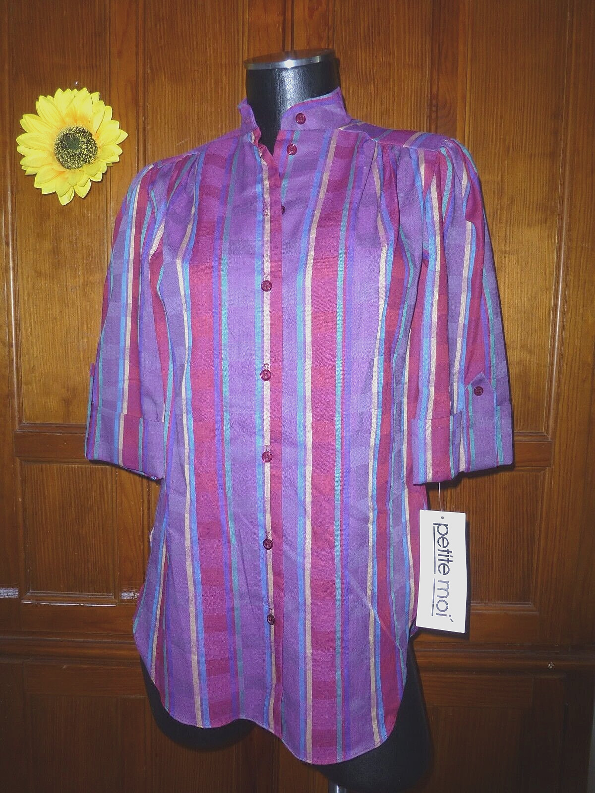 New Tag Vtg 80s Berry Blue Geo stripe Secretary Boho Tunic Top Blouse NOS M
