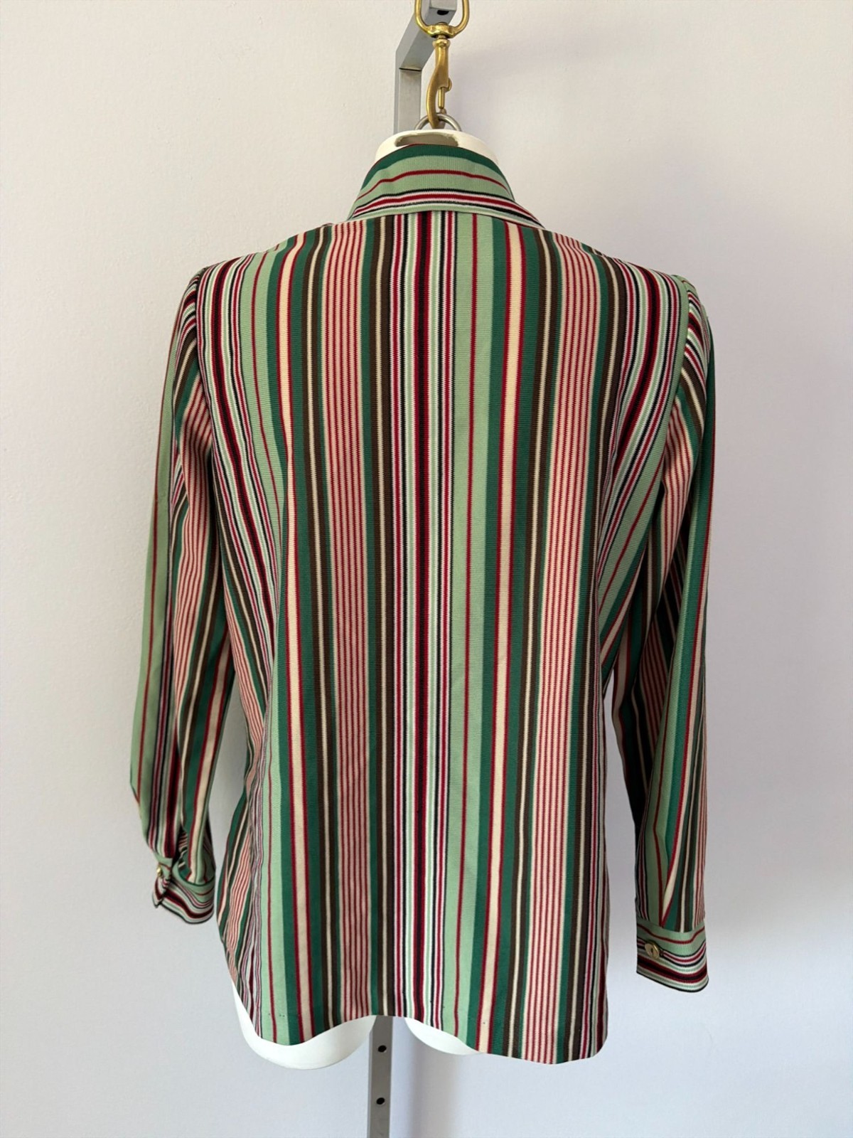 Vintage 70s Retro Green Striped Dagger Collar Secretary Disco Blouse Womens Med