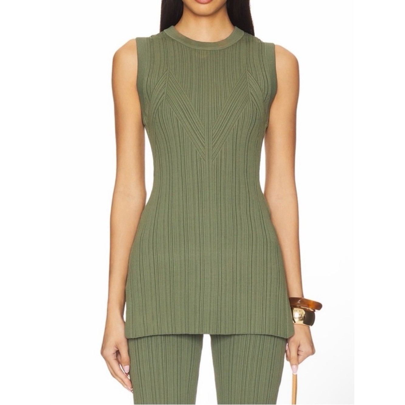 Veronica Beard Semma Ribbed Knit Sleeveless Sweater Tunic Green Large NWT