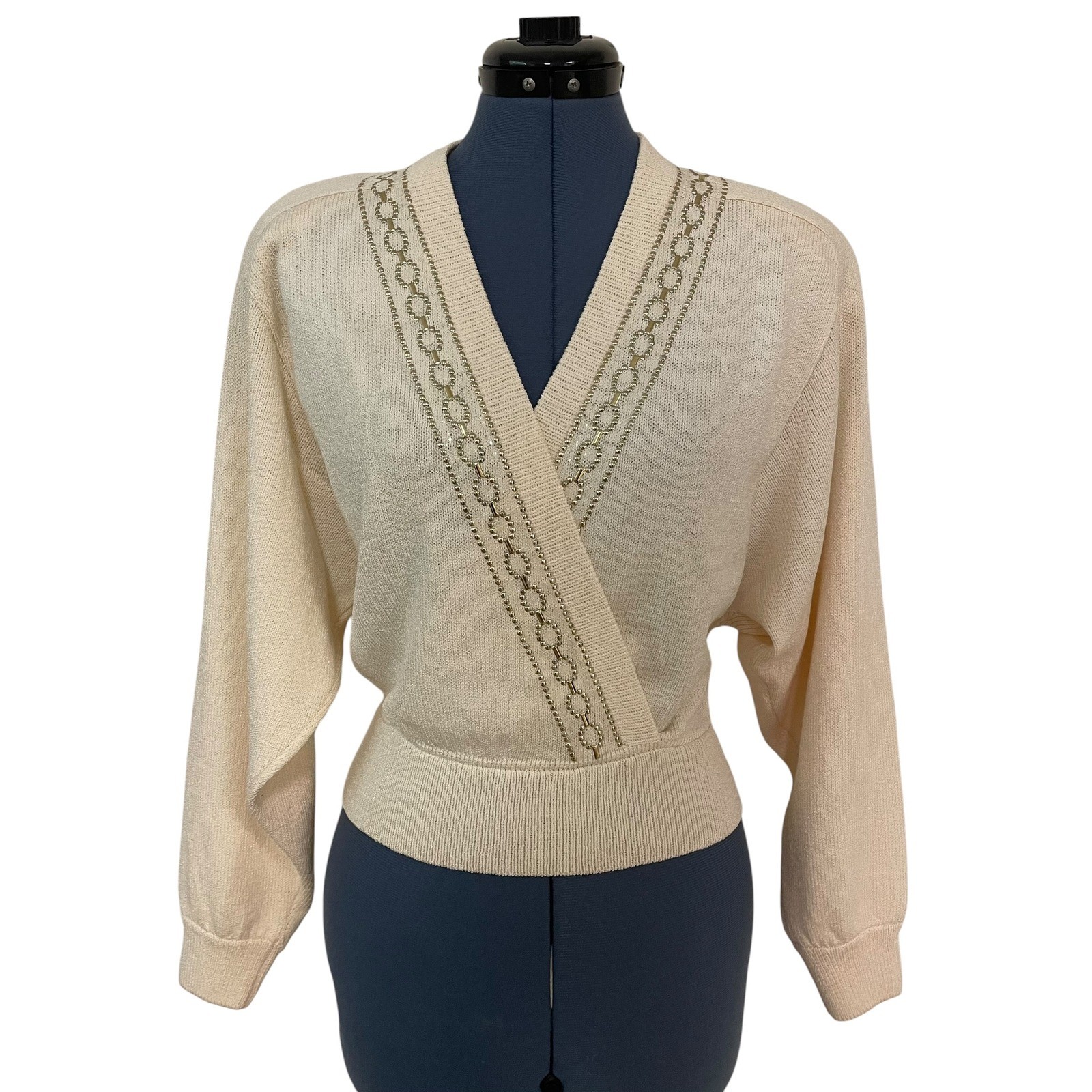 Vtg St. John Cream Beaded Faux Wrap Santana Knit Batwing Sleeve Sweater Retro M